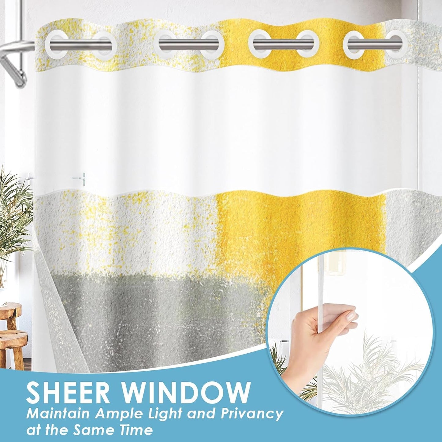 No Hook Abstract Yellow Grey Shower Curtain with Snap in Fabric Liner Set, Contemporary Modern Double Layers Waterproof Fabric with See Through Top Window Open Grommet Bath Curtain 71x74 Inch