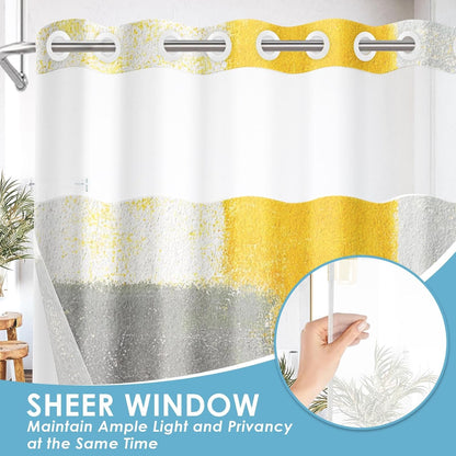No Hook Abstract Yellow Grey Shower Curtain with Snap in Fabric Liner Set, Contemporary Modern Double Layers Waterproof Fabric with See Through Top Window Open Grommet Bath Curtain 71x74 Inch