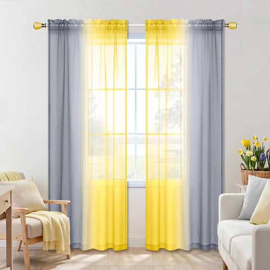 KOUFALL Yellow and Gray Curtains 84 Inch Length for Living Room Set of 2 Panels Rod Pocket Window Drapes Ombre Sunflower Colored Patterned Print Curtains for Bedroom 50x84 Inches Long Yellow and Grey