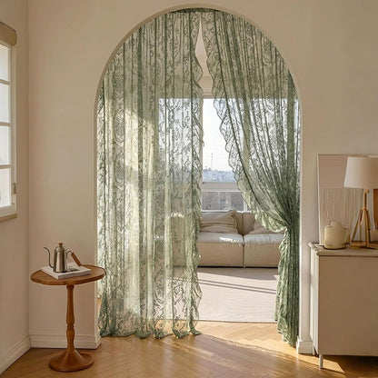 Living Room Lace Curtains 63/79/102 inch Long, 2 Panels Rustic Floral Vintage Sheer Window Curtains with Ruffle Rod Pocket for Balcony Bedroom(Yellow,140x160cm/55x63inch)