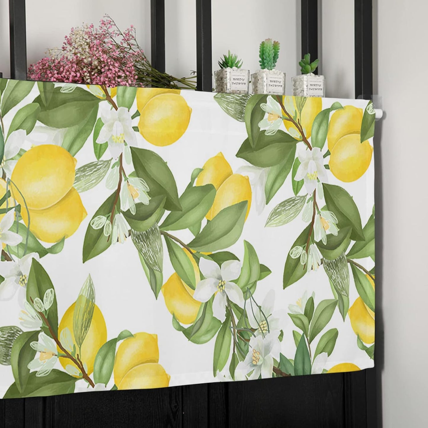Summer Lemon Curtains for Bedroom Living Room Watercolor Plant Fruit Art Shades Curtains & Drapes Summer Rustic Fresh Flower Leaf Aesthetic Pocket Valances Kitchen Window Curtains Over Sink 54x18in