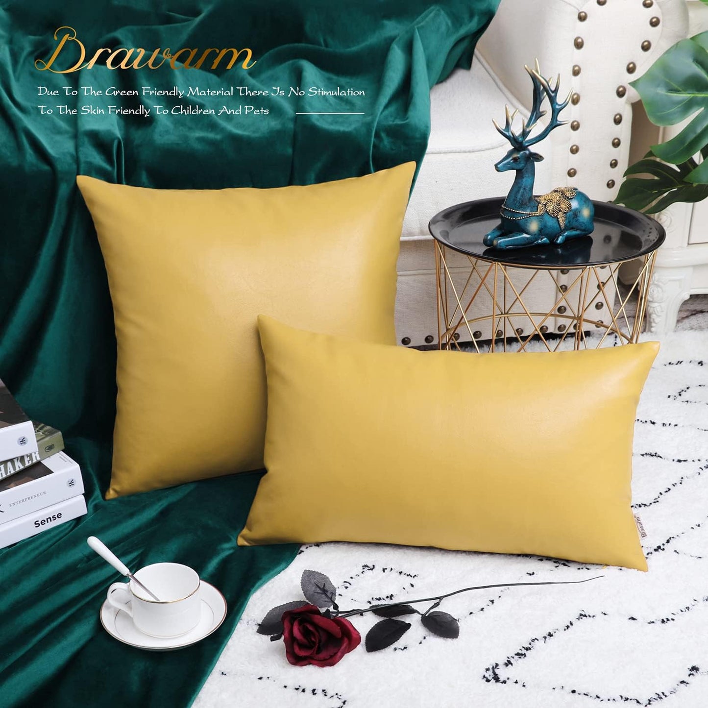 BRAWARM Faux Leather Throw Pillow Covers 18 X 18 Inches - Yellow Leather Pilow Covers Pack of 2, Solid Dyed Leather Pillowcases for Couch Bed Sofa Garden Home Decorative