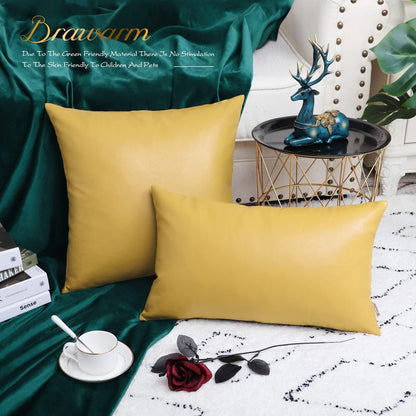 BRAWARM Faux Leather Throw Pillow Covers 18 X 18 Inches - Yellow Leather Pilow Covers Pack of 2, Solid Dyed Leather Pillowcases for Couch Bed Sofa Garden Home Decorative
