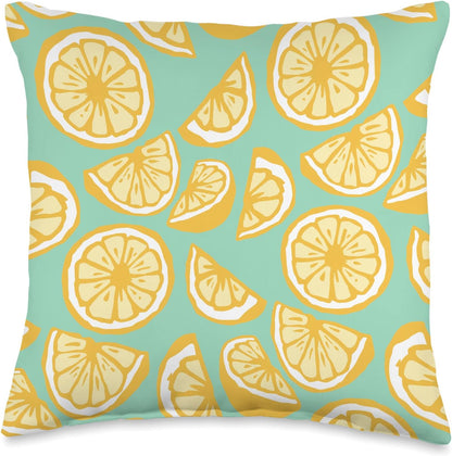 Cute Teal & Yellow Lemon Slice Summer Citrus Fruit Pattern Throw Pillow