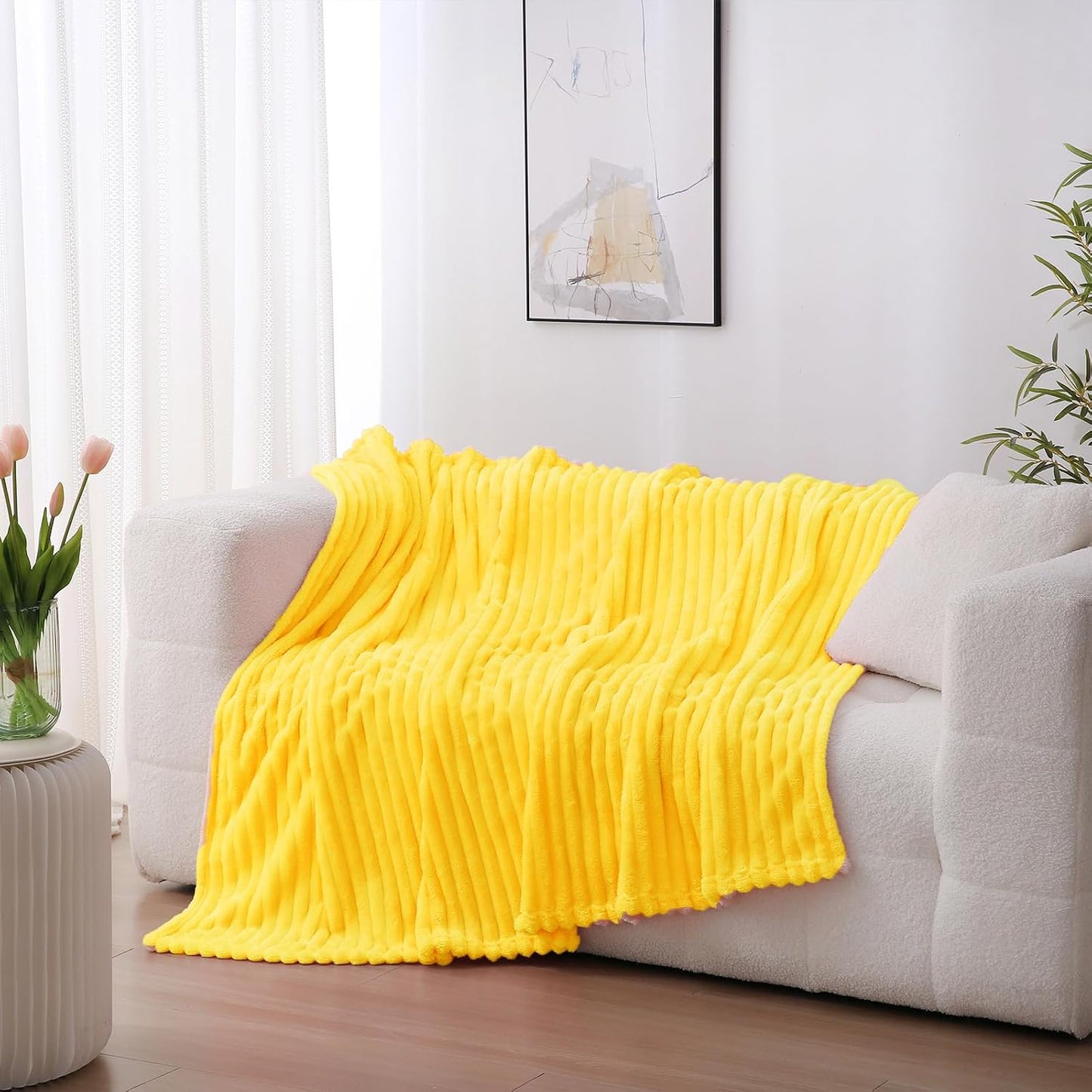 Bright Yellow Fleece Throw Blanket 50”×60” for Couch Sofa Bed,Super Soft Cozy Plush Microfiber Flannel Blanket with Stripes Design Lightweight for Adults,Woman