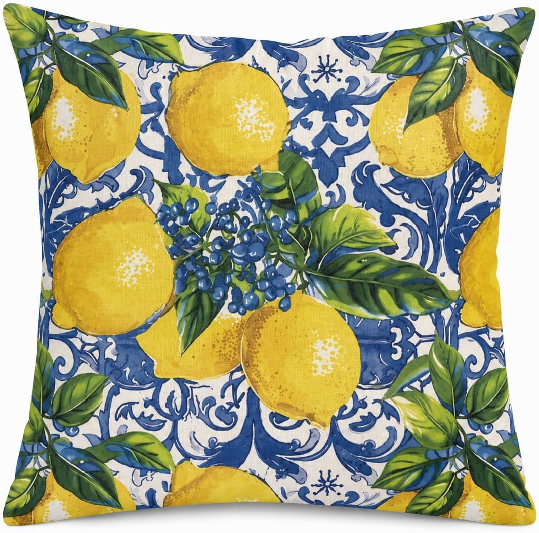 Lemon Throw Pillow, 18x18 Inch Decorative Pillow with Insert Included, Blue White Mediterranean Accent Pillow, Italian Coastal Farmhouse Home Decor Cushion for Sofa Couch Bed (LS-005)
