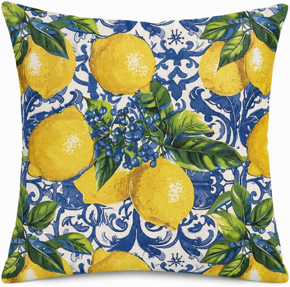 Lemon Throw Pillow, 18x18 Inch Decorative Pillow with Insert Included, Blue White Mediterranean Accent Pillow, Italian Coastal Farmhouse Home Decor Cushion for Sofa Couch Bed (LS-005)