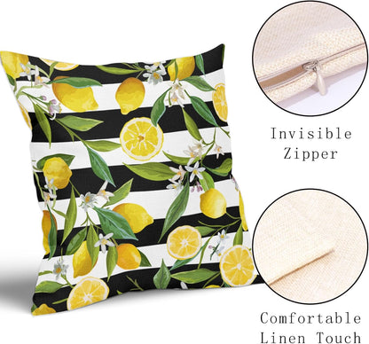 Lemon Pillow Covers 18x18 Inch Set of 2 Summer Fruit Black and White Stripes Linen Cotton Decorative Throw Pillow Case Floral and Leaves Cushion Cover for Bedroom Sofa Living Room Chair Home Decor