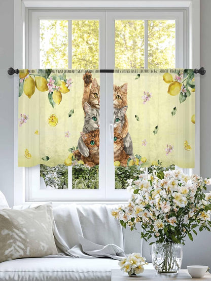 Lemons Cats Sheer Window Chiffon Curtains 54 Inches Long, Summer Rustic Botanical Fruits Yellow Windows Voile Curtain for Living Room, Elegant Light Filtering Window Drapes, 52"W x 54"L, 2 Panels