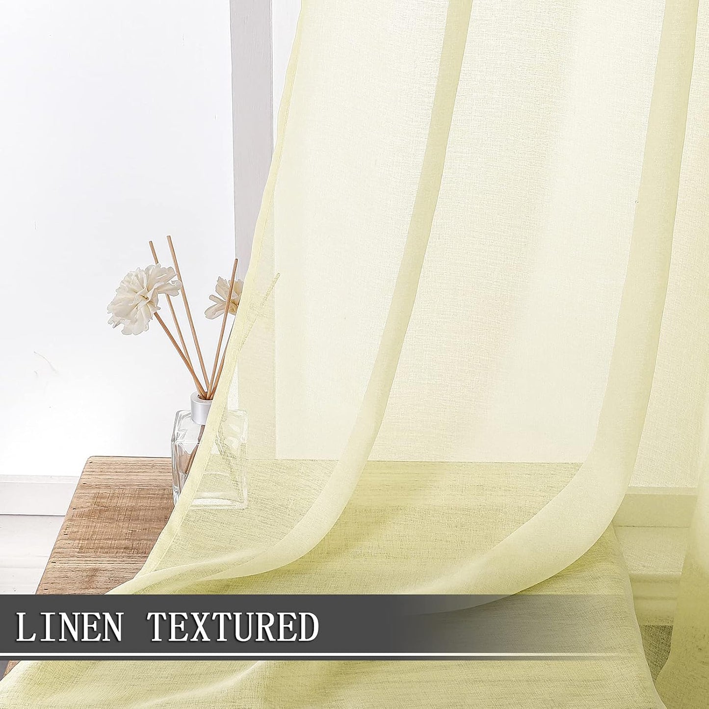 Tollpiz Short Sheer Curtains Linen Textured Living Room Curtain Sheers Light Filtering Rod Pocket Voile Curtains for Bedroom, 42 x 45 inches Long, Transparent Yellow, Set of 2 Panels