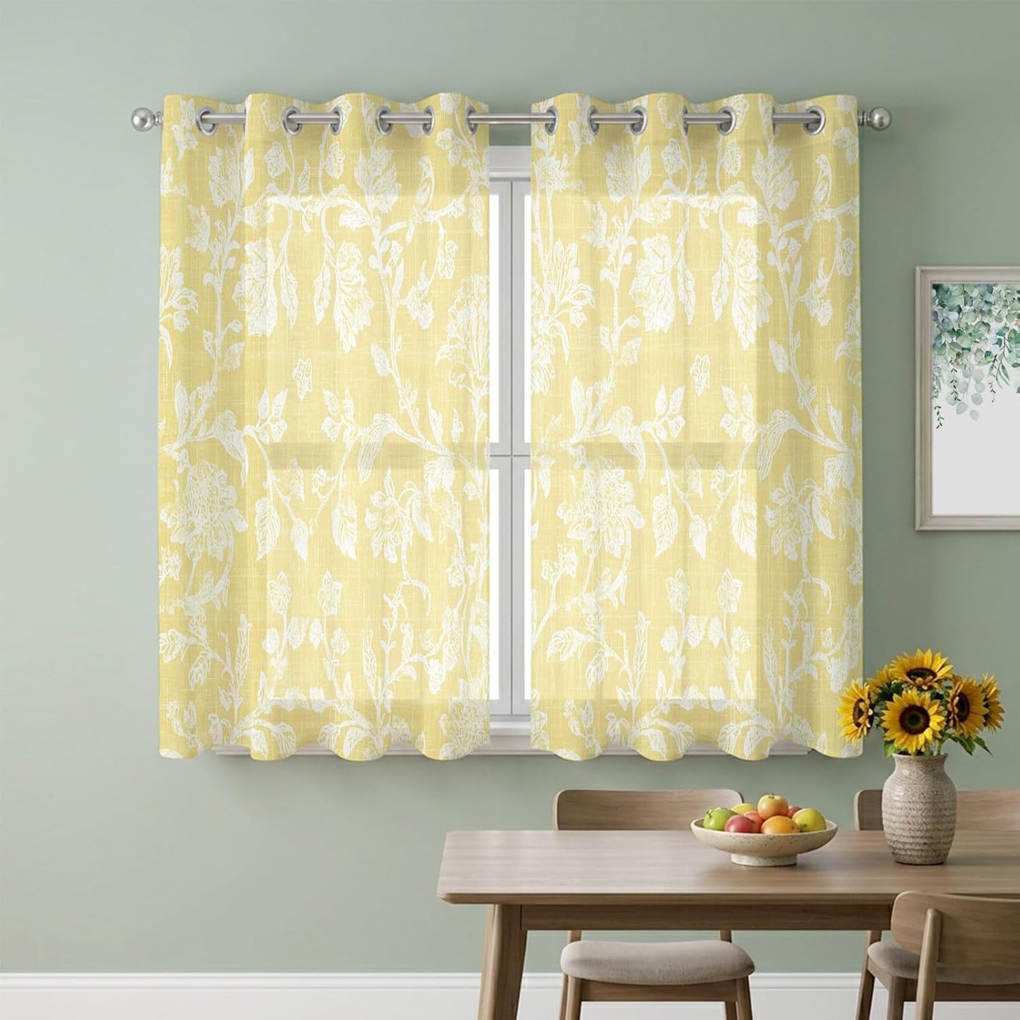 Lemon Yellow Flower Sheer Curtains 39 Inch Long 2 Panels, Pastoral White Plant Petal Leaf Rustic Linen Light Filtering Semi Sheer Drapes Grommet Voile Window Curtain for Living Bedroom W27.9 x L39