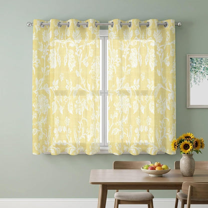 Lemon Yellow Flower Sheer Curtains 39 Inch Long 2 Panels, Pastoral White Plant Petal Leaf Rustic Linen Light Filtering Semi Sheer Drapes Grommet Voile Window Curtain for Living Bedroom W27.9 x L39
