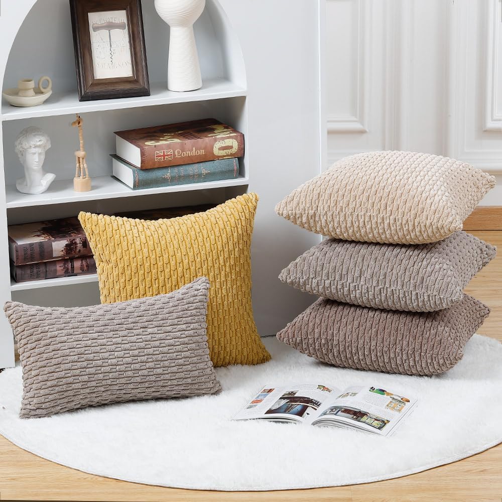 MADIZZ Pack of 2 Corduroy Decorative Euro Sham Pillow Covers 24x24 Inch Yellow Soft Boho Striped Couch Throw Pillows for Bed Pillowcases for Sofa Livingroom Home Decor