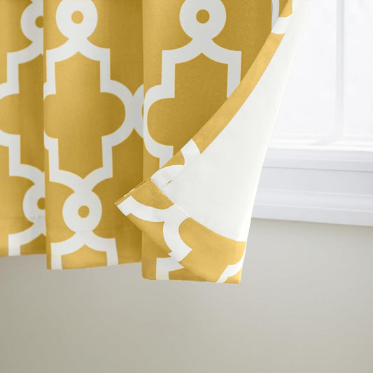 TOWN & COUNTRY EVERYDAY Ironwork Geo Trellis Sateen Indoor Curtains, Room Darkening Blackout, Grommet Top, Energy Efficient, 2-Pack Set, 52"x63", Sundress Yellow