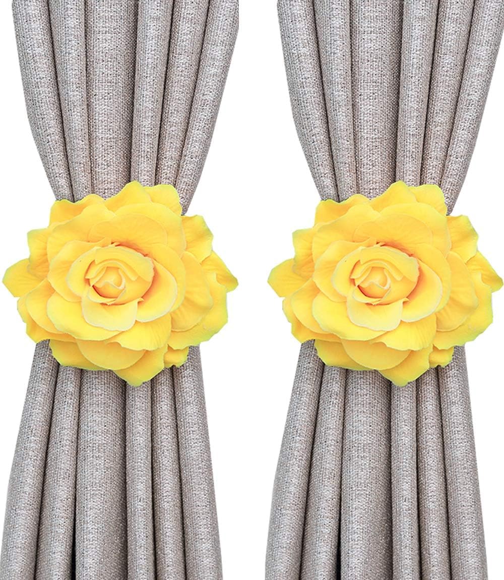 Curtain Tiebacks, Rose Magnetic Curtain Holders，Elegant 2 Pack Decorative Rope Holdback Holder, Home Decor Thin or Sheer Window Drapries Bed Canopy (Yellow)