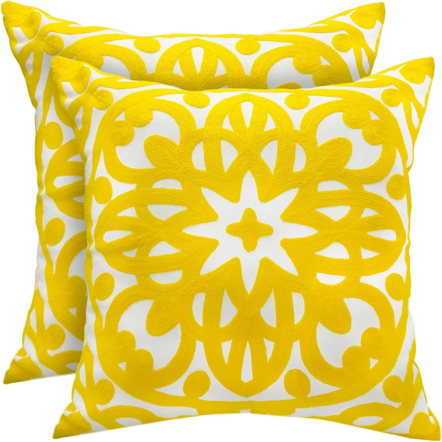 Alysheer Floral Embroidered Spring Decorative Throw Pillow Cover 18"x 18" Set of 2, Boho Mandala Embroidery Yellow Patterned Cushion Case for Sofa Couch Living Room Bedroom Outdoor