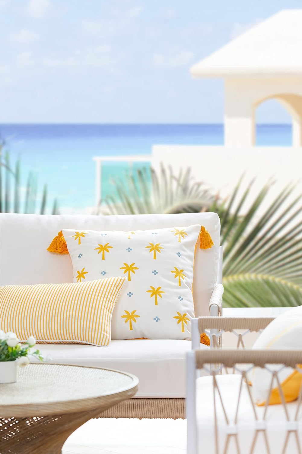 Hofdeco Premium Coastal Patio Indoor Outdoor Lumbar Pillow Cover Only, 12"x20" Water Resistant for Backyard, Couch, Yellow Stripe