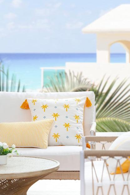 Hofdeco Premium Coastal Patio Indoor Outdoor Lumbar Pillow Cover Only, 12"x20" Water Resistant for Backyard, Couch, Yellow Stripe
