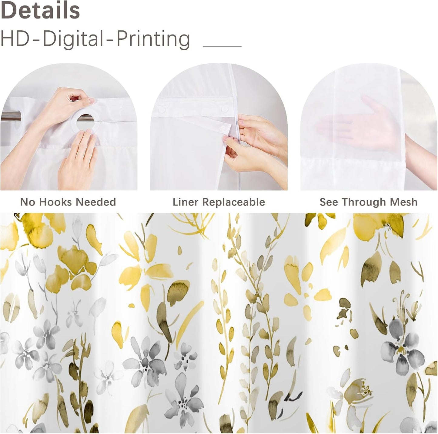 No Hook Shower Curtain,Yellow Gray Floral Double-Layered Shower Curtain with Snap-in Liner and Weights,Watercoor Flower Leaves Fabric Bath Curtain with See Through Mesh, 71x74in