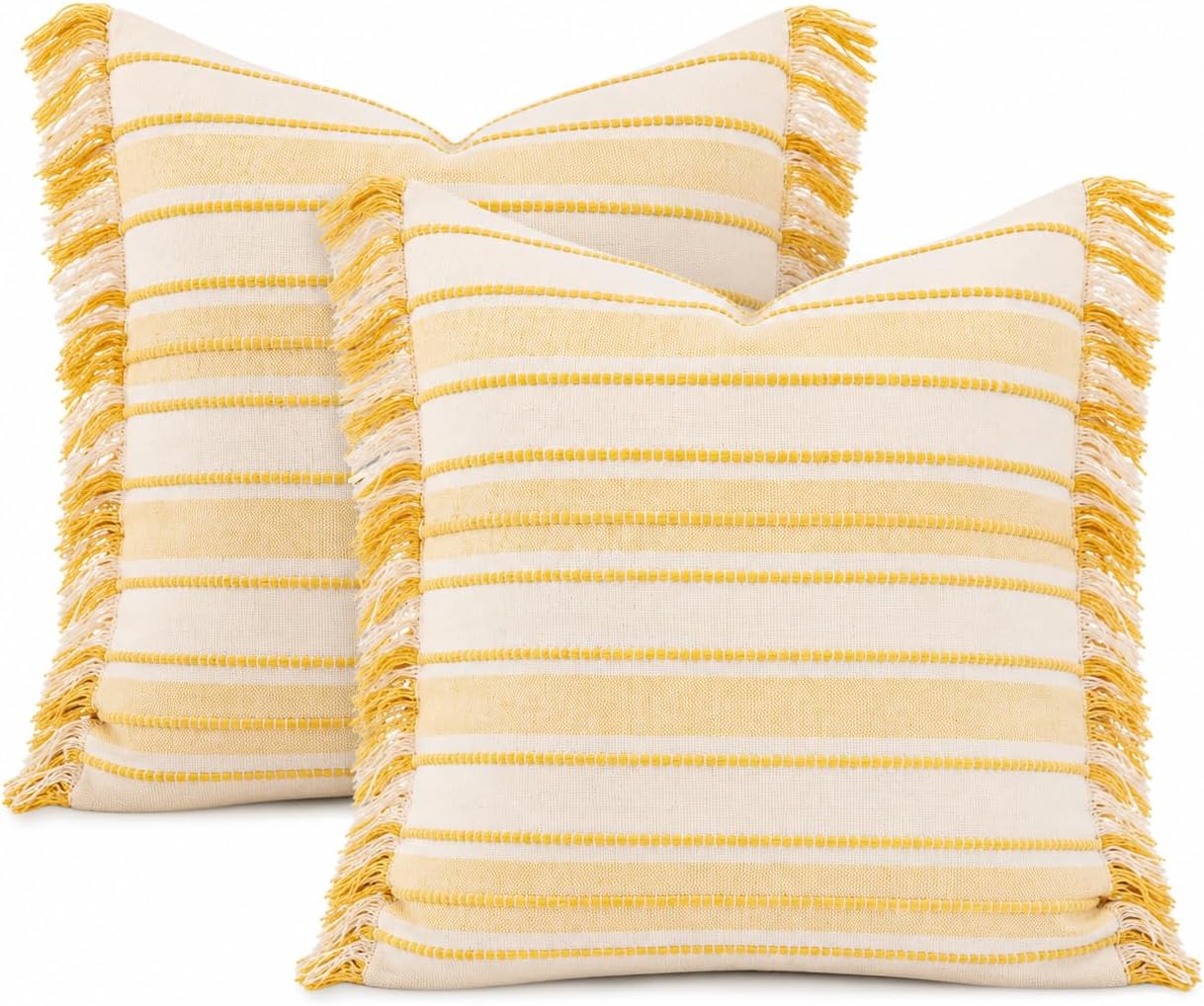 Spring Throw Pillow Covers 20x20 Set of 2, Striped Pillow Covers with Tassel Boho Cushion Cover Cotton Decorative Square Pillowcase for Sofa Couch Bed Living Room Neutral Decor, Yellow