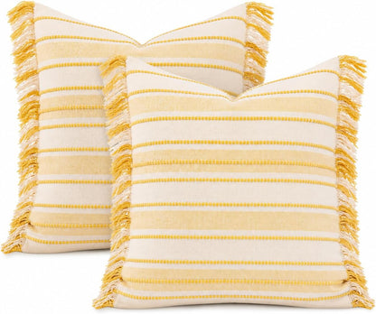Spring Throw Pillow Covers 20x20 Set of 2, Striped Pillow Covers with Tassel Boho Cushion Cover Cotton Decorative Square Pillowcase for Sofa Couch Bed Living Room Neutral Decor, Yellow