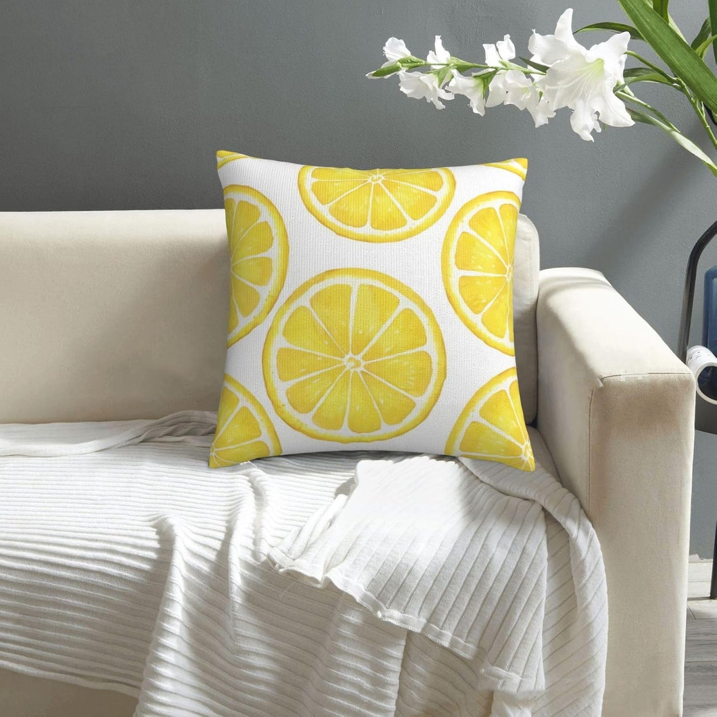 Yellow Sliced Lemon Double Sided Faux Fur Pillow Cover with Hidden Zipper - Soft Decorative Pillow Case for Sofa Bed Car