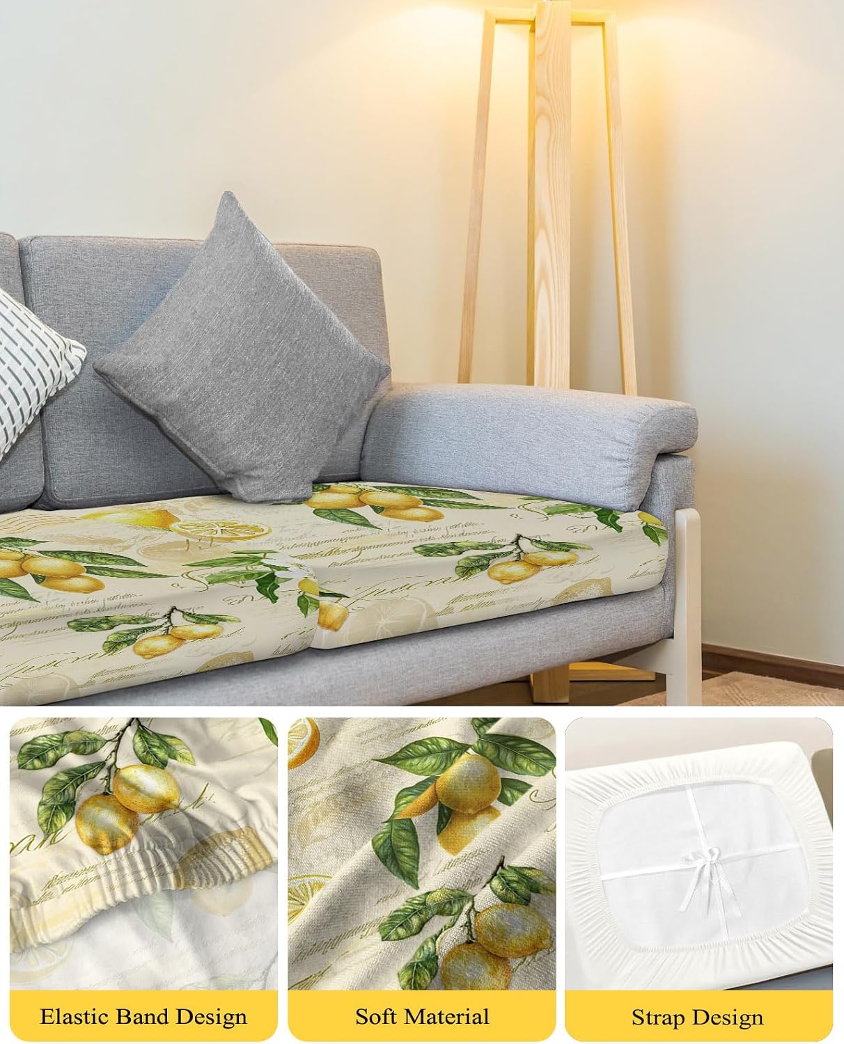 Yellow Lemons Stretch Couch Sofa Cushion Covers,Summer Botanical Fruit Leaves Country Sectional/Individual/L/T Shape Sofa Couch Slipcover Armchair Slip Cover Protector with Elastic Bottom,M,1-PC