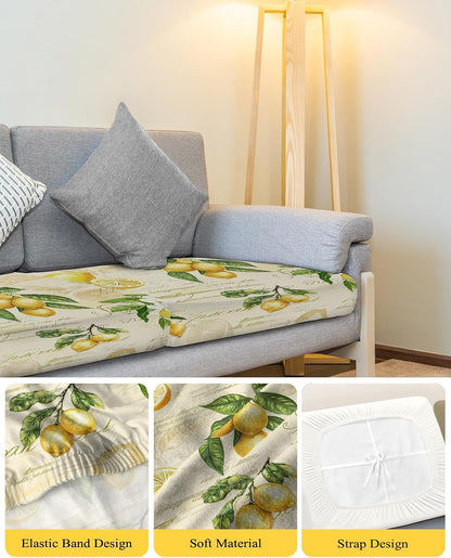 Yellow Lemons Stretch Couch Sofa Cushion Covers,Summer Botanical Fruit Leaves Country Sectional/Individual/L/T Shape Sofa Couch Slipcover Armchair Slip Cover Protector with Elastic Bottom,M,1-PC
