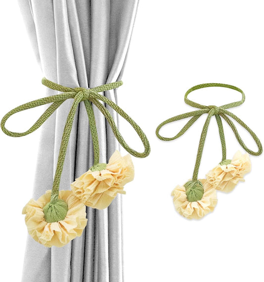 Boho Curtain Tiebacks, 2 Pcs Floral Curtain Holdbacks, Curtain Straps for Living Room Bedroom Window Decor, Unique Present for Homeowners(Yellow)
