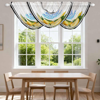 Waterfall Valance Curtain, Summer Lemon Flower Leaf Semi Sheer Kitchen Curtains Luxury Waterfall Valances for Windows, Farmhouse Wood Plank Black White Line Rod Pocket Curtain Valance for Living Room