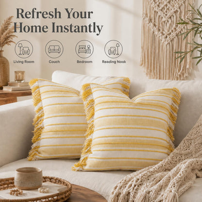 Spring Throw Pillow Covers 20x20 Set of 2, Striped Pillow Covers with Tassel Boho Cushion Cover Cotton Decorative Square Pillowcase for Sofa Couch Bed Living Room Neutral Decor, Yellow
