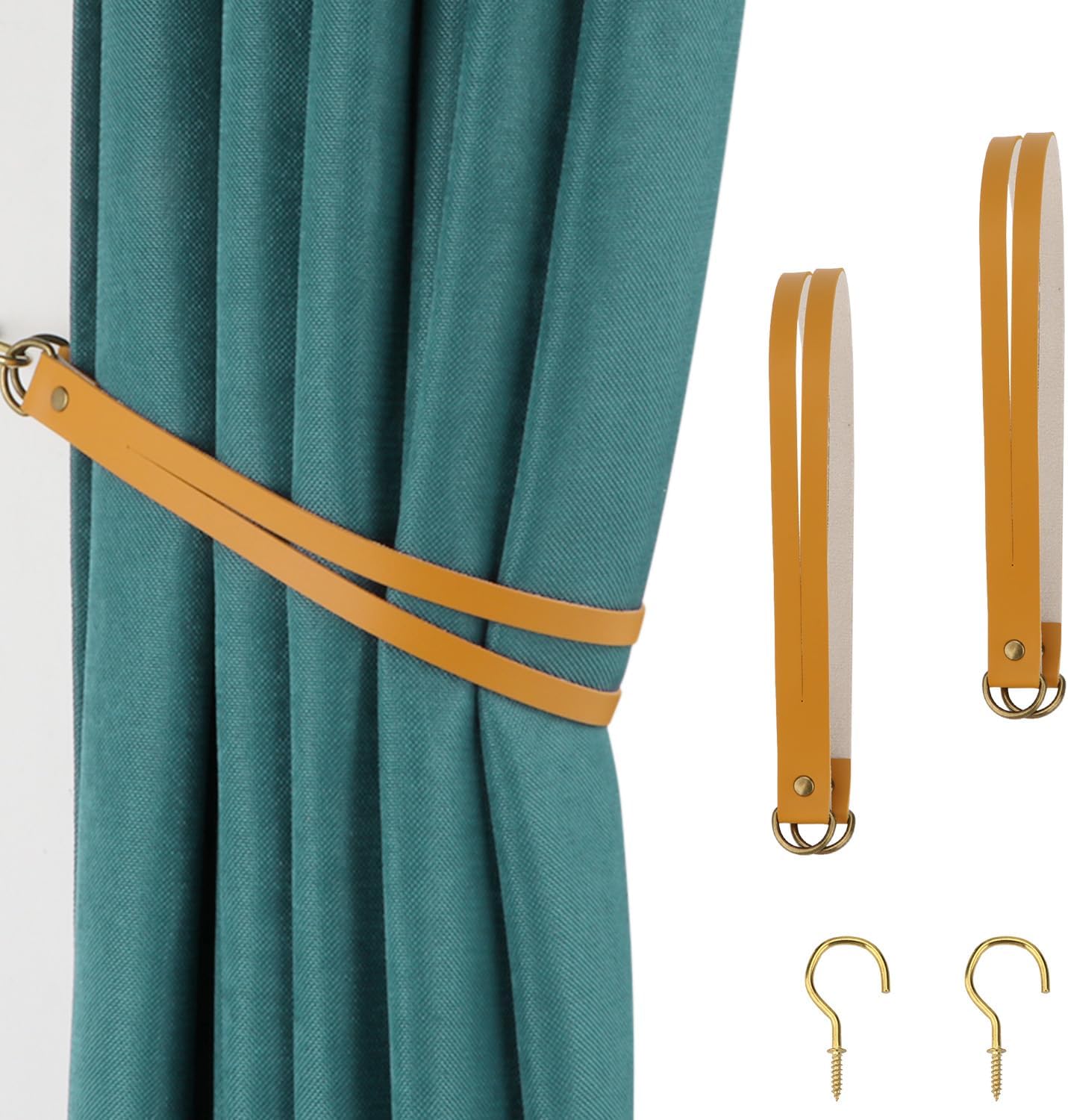 Leather Curtain Tiebacks Vintage Curtain Tie Backs Leather Curtain Rod Holder Curtain Buckle for Home Living Room Bedroom 2 Pcs (Earthy Yellow)