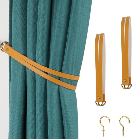 Leather Curtain Tiebacks Vintage Curtain Tie Backs Leather Curtain Rod Holder Curtain Buckle for Home Living Room Bedroom 2 Pcs (Earthy Yellow)