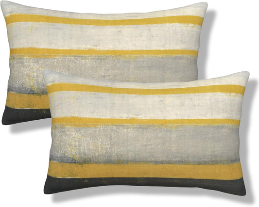 Yellow Grey Throw Pillow Covers Beige Abstract Art Lumbar Pillow Cover 12x20 Inch Set of 2 Painting Striped Pillowcase Decorative Cushion Cases for Couch Sofa