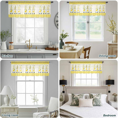 Sheer Valances for Windows Fruit Lemon Gnome Window Valances Rod Pocket Farmhouse Green Leaves Yellow Window Treatment Sheer Curtains for Kitchen Living Room Bedroom Bathroom 54x18in