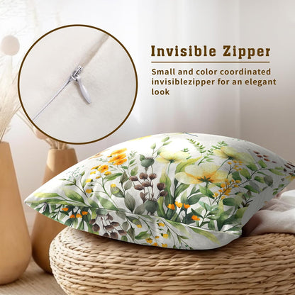 Spring Sage Green Leaf and Flowers Pillowcase Set of 2 Yellow Floral Decor Throw Pillows 16x16 Inch Spring/Summer Eucalyptus Square Pillow Cushion Covers for Home Living Room Bed Sofa Outdoor Couch