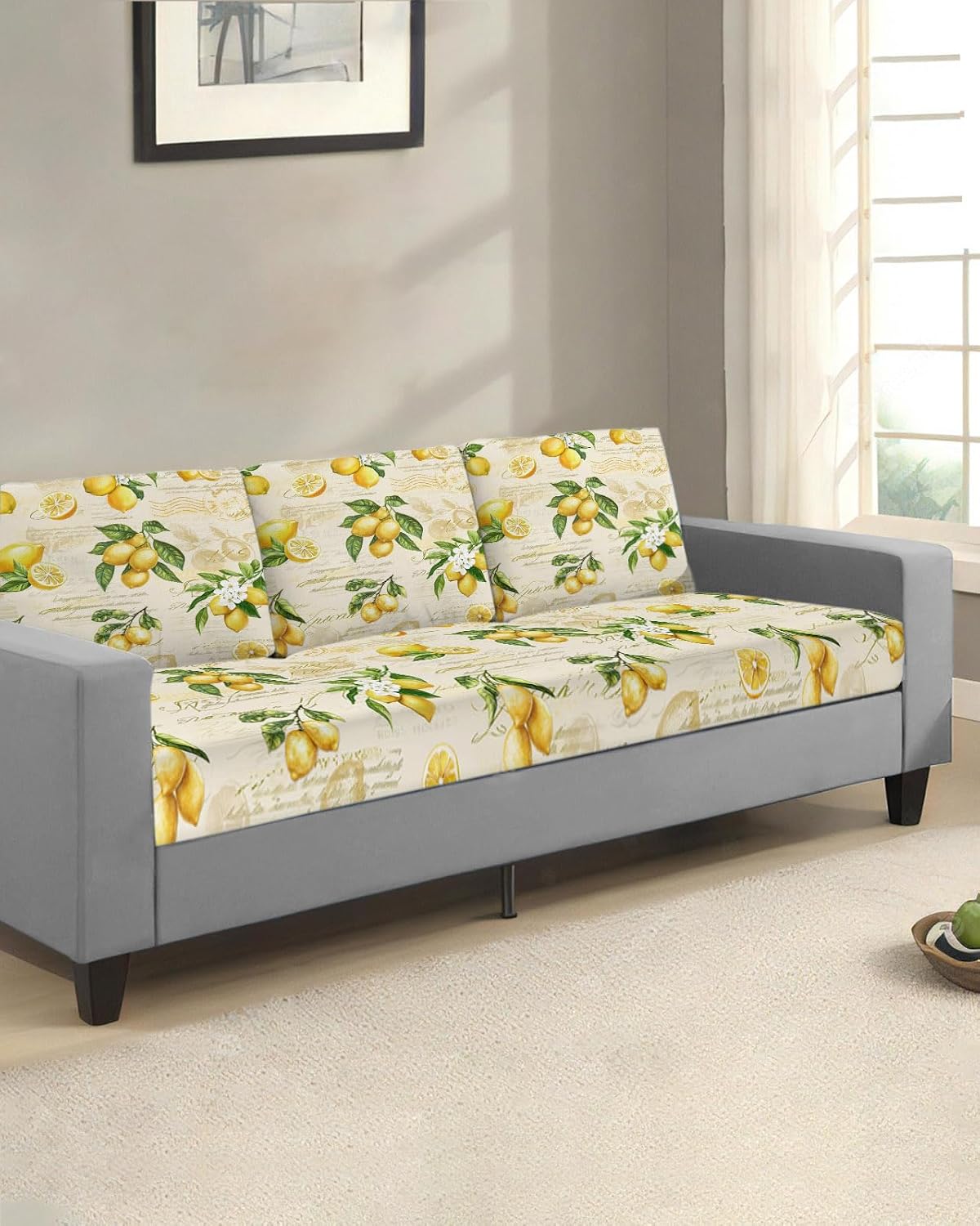 Yellow Lemons Stretch Couch Sofa Cushion Covers,Summer Botanical Fruit Leaves Country Sectional/Individual/L/T Shape Sofa Couch Slipcover Armchair Slip Cover Protector with Elastic Bottom,M,1-PC
