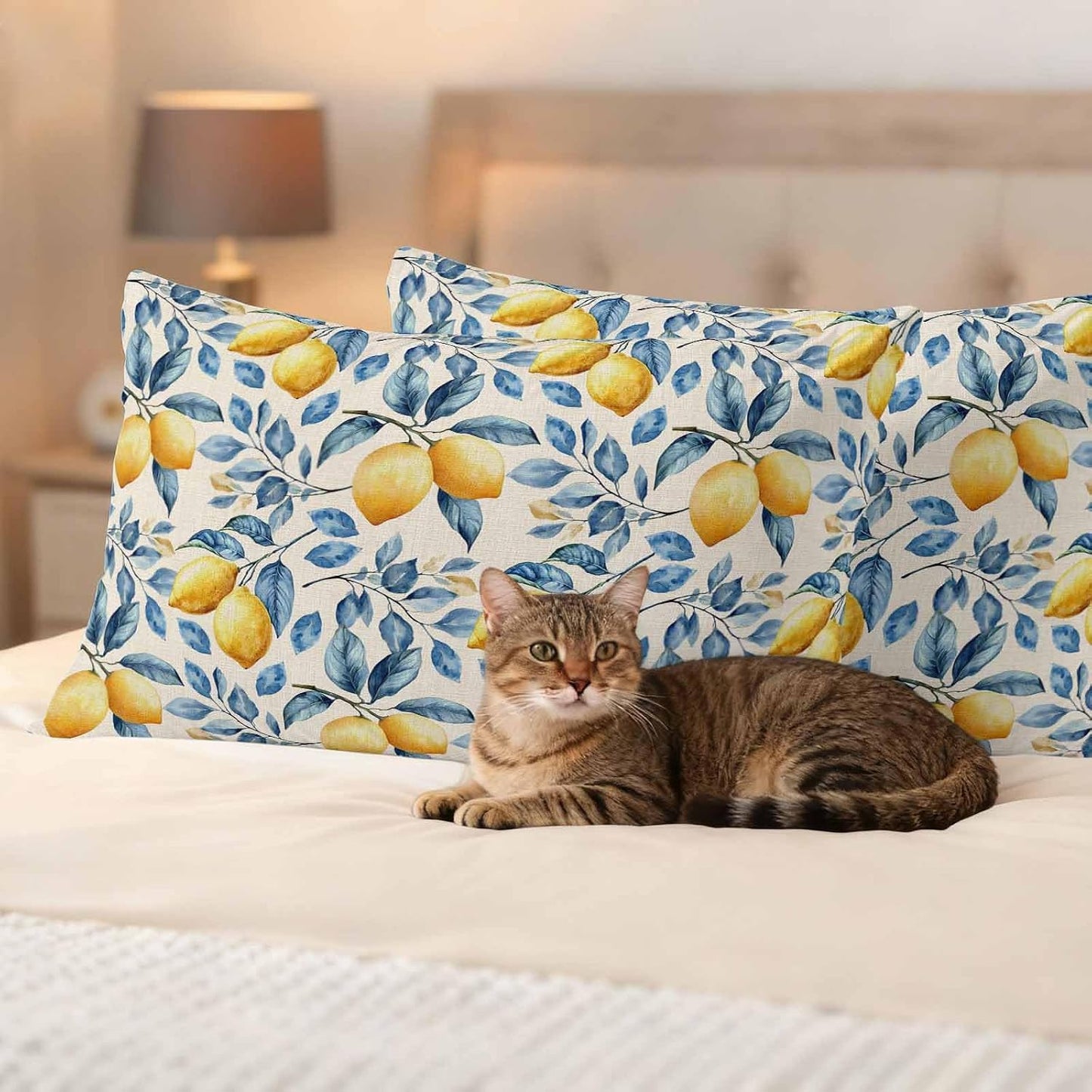 Outdoor Waterproof Throw Pillow Covers, Lemon Decorative Pillow Cases, Spring Summer Pastoral Fruit Leaf Branch Couch Pillow Protector Patio Sofa Cushion Covers Replacement 20"x12" 2 Pack