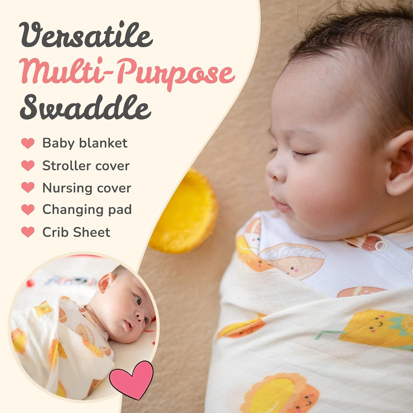 The Wee Bean Organic Cotton and Bamboo Rayon Muslin Swaddle Blankets, Set of X (Lemon Tea + Egg Tart)