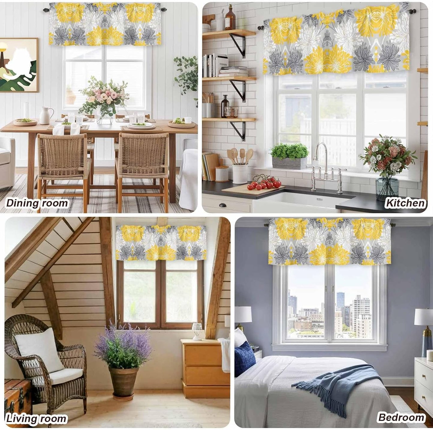 Savannan Window Valance Curtain, Abstract Flowers on Gray Rod Pocket Short Curtain Valances for Kitchen Bedroom Living Room Cafe 1 Panel 42x18in Watercolor Yellow White Flowers