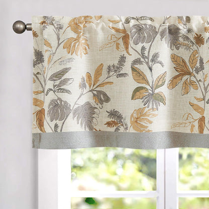 jinchan Linen Valance Double Layer Kitchen Window Curtain Yellow Leaf on Beige Valance for Living Room Cafe Farmhouse Light Filtering Rustic French Country Curtain 16 Inch Rod Pocket 1 Panel