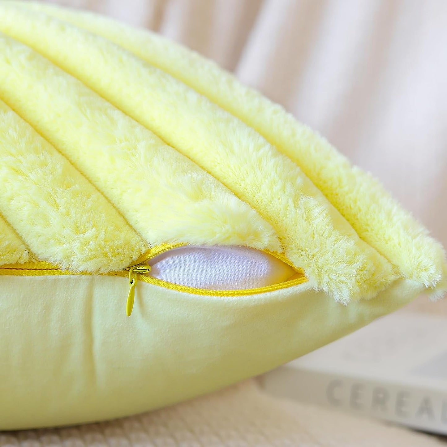 OTOSTAR Faux Fur Plush Throw Pillow Covers 16 x 16 Inch Fuzzy Soft Striped Decorative Velvet Pillow Case Couch Home Decor Pillow Covers for Sofa Bed Living Room Set of 2 (Lemon Yellow)