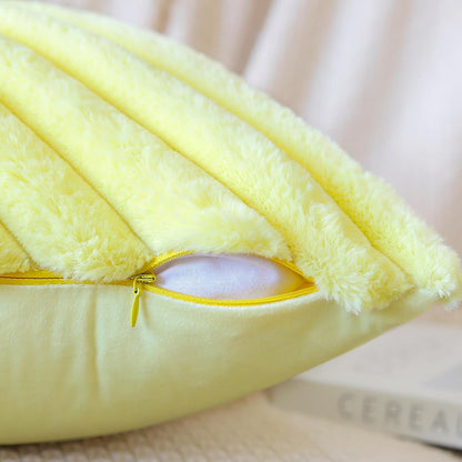 OTOSTAR Faux Fur Plush Throw Pillow Covers 16 x 16 Inch Fuzzy Soft Striped Decorative Velvet Pillow Case Couch Home Decor Pillow Covers for Sofa Bed Living Room Set of 2 (Lemon Yellow)