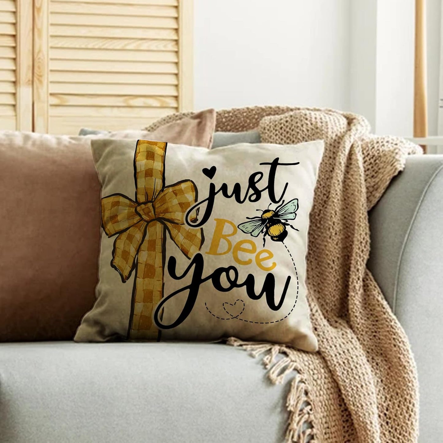 Spring Summer Bumble Bee Sunflower Decorative Throw Pillow Covers 18x18 Set of 4, Fall Farmhouse Black White Stripe Home Decor, Yellow Buffalo Plaid Check Quote Outdoor Couch Cushion Case