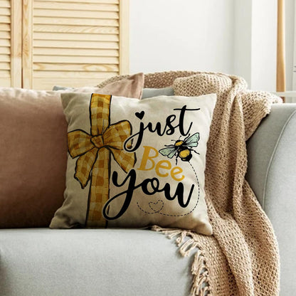 Spring Summer Bumble Bee Sunflower Decorative Throw Pillow Covers 18x18 Set of 4, Fall Farmhouse Black White Stripe Home Decor, Yellow Buffalo Plaid Check Quote Outdoor Couch Cushion Case