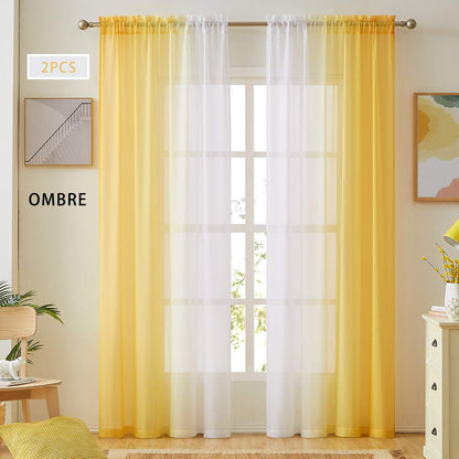 Ombre Faux Linen Sheer Curtains for Bedroom Living Room Rod Pocket, Privacy and Light Filtering, 2 Tone Reversible Gradient Voile Semi Window Curtains, Set of 2 Panels, Yellow, 54 x 84 Inch Length