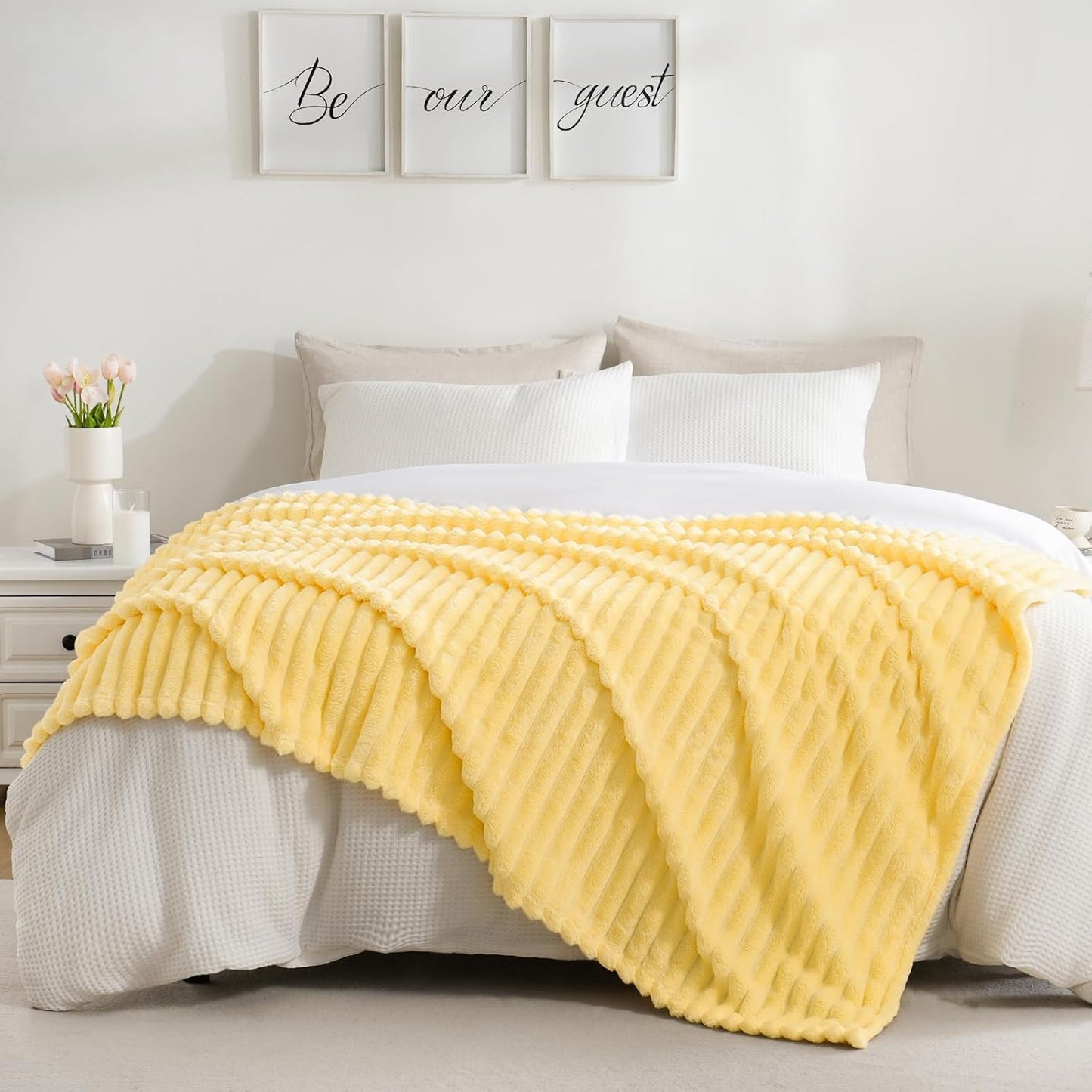 Excervent Solid Striped Flannel Fleece Blanket (50x70 inches, Light Yellow) Cozy Throw Blankets for Couch Sofa and Bed, Super Soft Luxurious Warm Blankets for Household Living Room Bedroom