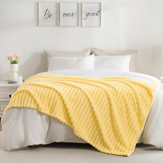Excervent Solid Striped Flannel Fleece Blanket (50x70 inches, Light Yellow) Cozy Throw Blankets for Couch Sofa and Bed, Super Soft Luxurious Warm Blankets for Household Living Room Bedroom