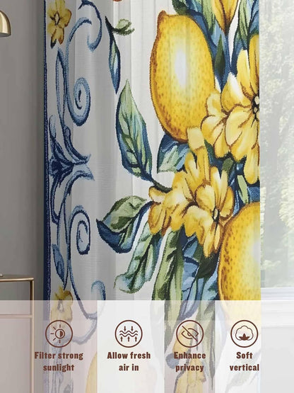 Yellow Lemon Semi Sheer Curtains 45 inch Length 2 Panels Set Middle Century Blue Italian Textured Kitchen Curtains Rod Pocket Sheer Drapes for Bedroom Living Room, Voile Window Treatment