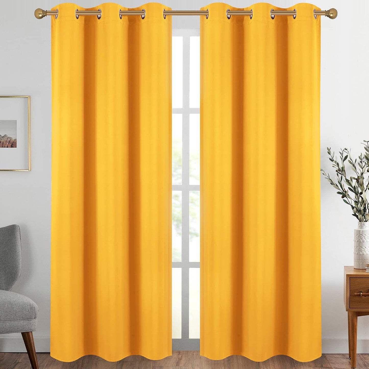 Diraysid Yellow Grommet Blackout Curtains for Bedroom Thermal Insulated Room Darkening Curtains Drapes, 42 x 84, 2 Panels